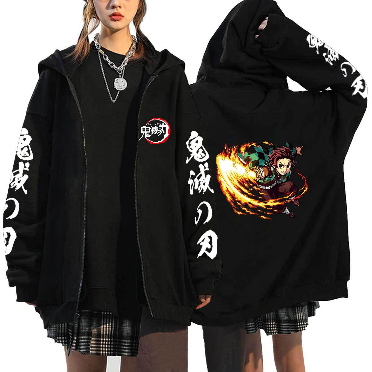 Demon Slayer Japanischer Anime Tanjirou und Nezuko Reißverschluss Hoodies Sweatshirts Damen Herren Cartoon Jacken Sweatshirt Unisex Streetwear Mäntel Tops Strickjacke L