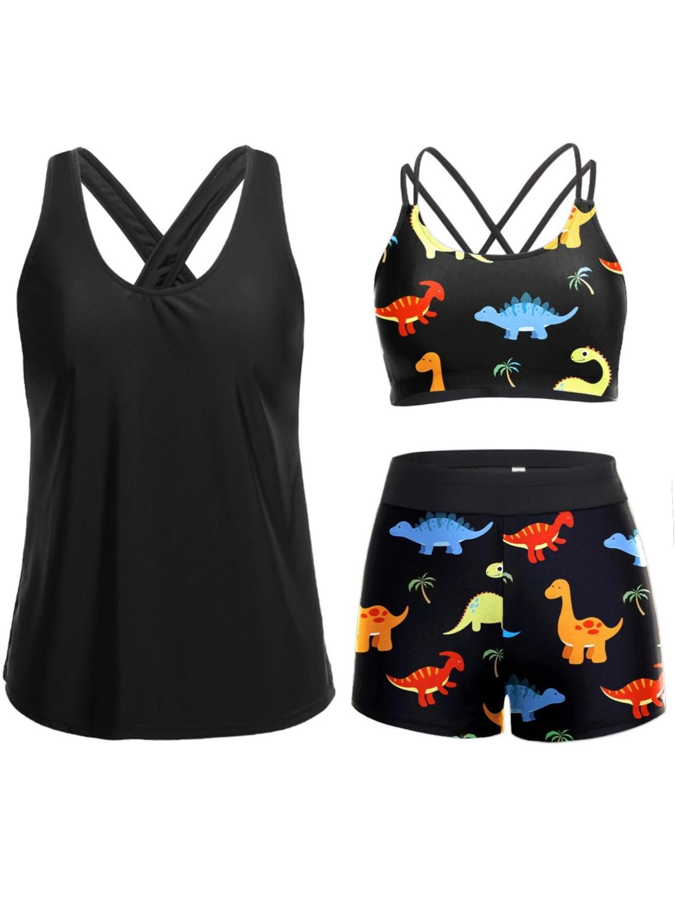 Damen 3-teiliges Tankini-Badeanzug-Set, Sexy Doppel-Schultergurt Bauchkontrolle Badeanzug, Modische Strandbademode M coole schwarze
