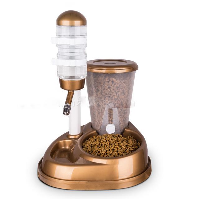 Automatischer Futterspender für Haustiere mit doppeltem Verwendungszweck, für Katzen und Hunde, mit Wasserbrunnen, Futtereimer mit großer Kapazität und Wasserflaschenspender für Hunde und Katzen As shown goldgelb