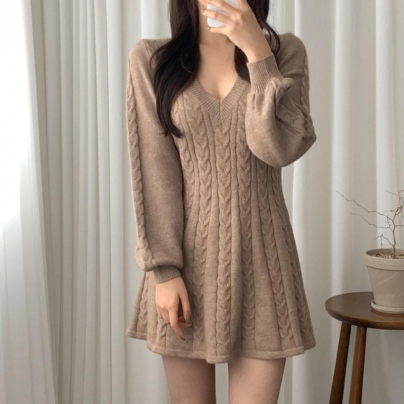 Strickpullover Minikleid Damen Casual Laternenärmel Kurze Kleider Herbst Winter V-Ausschnitt Outfits Weiblich M khaki