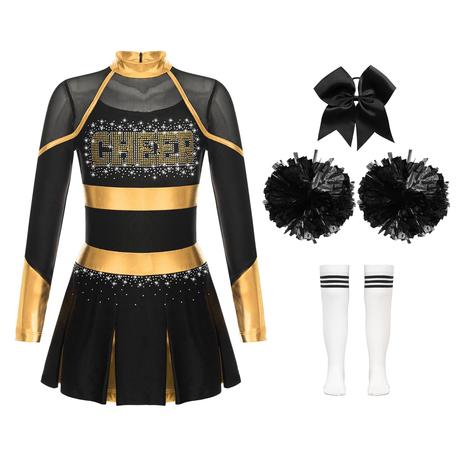 Cheerleader-Kostüm für Kinder, Halloween-Cheerleading-Uniform, Kleid mit Pompons und Socken, Karneval, Party, Kostüm-Outfit 11-12 Years weiß/gold