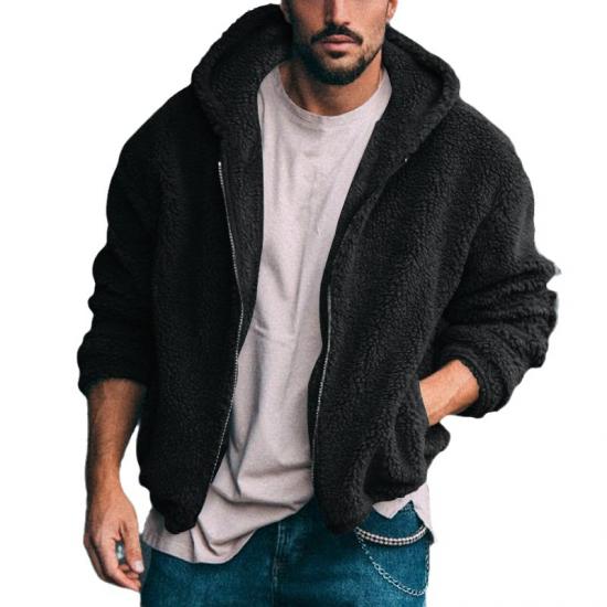 Wintermantel für Herren, warm, Fleece, flauschig, mit Kapuze, Reißverschluss, einfarbig, Outwear, Pullover, Streetwear, Jacken, Kleidung für Männer XL schwarz