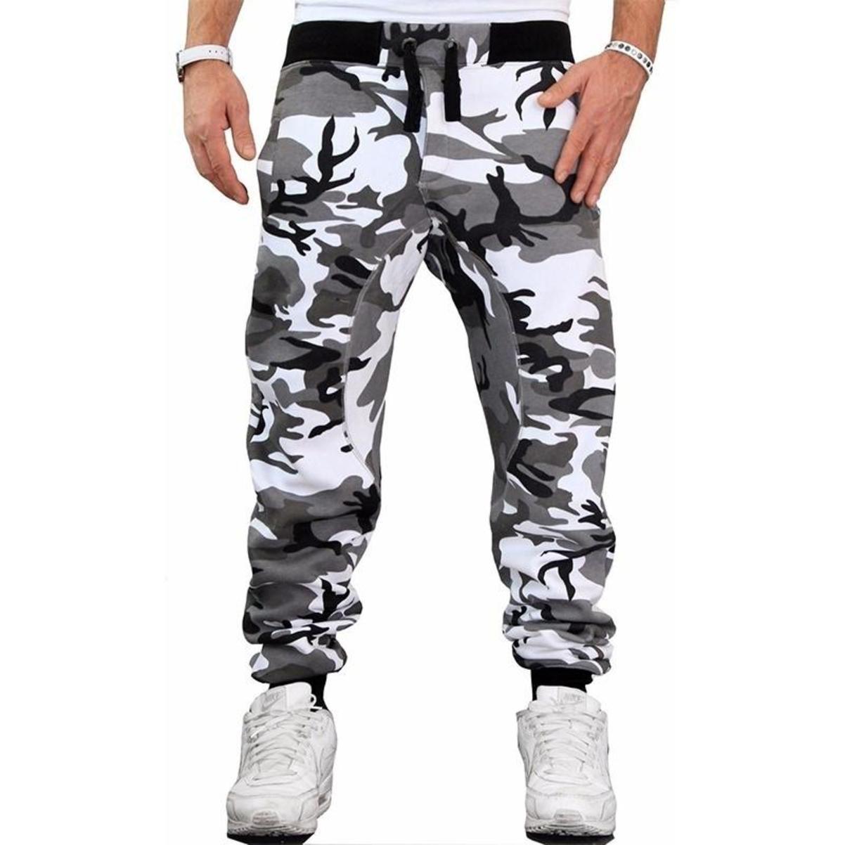Herren Camouflage Hose Jogginghose Sporthose Fitness Sport Jogging Army L camouflage/weiß
