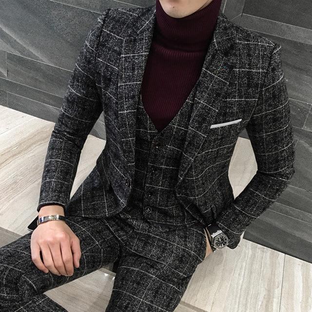 ( Jacken + Weste + Hosen ) Bräutigam Hochzeitskleid Plaid Formelle Anzüge Set Männer Mode Boutique Wolle Casual Business Anzug Dreiteilig 2XL schwarz
