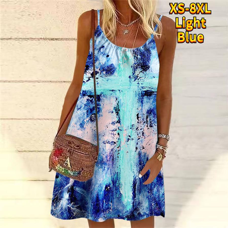 Frauen Blume Bunte Tinte Gedruckt Mini Kleid Ärmelloses Party Kleid Sommer Strand Kleid Sommerkleid 8XL hellblaue