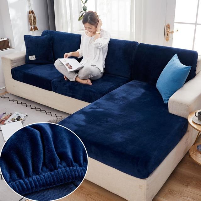 Samt-Sofa-Sitzbezug, dicker Jacquard, solide, weiche Stretch-Sofa-Schonbezüge, Möbelschutz enlarge size-4 navy blau