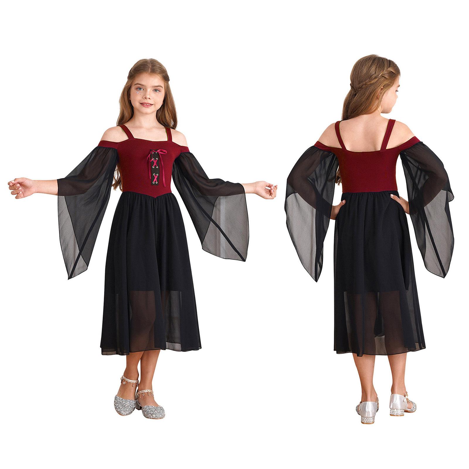 Kinder Mädchen Mittelalterliche Prinzessin Kostüm Renaissance Robe Kleid Quadratischer Ausschnitt Halloween Cosplay Kostüm 15-16 Years bordeaux