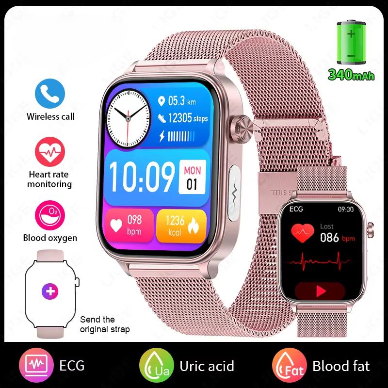 2025 Neue EKG+PPG KI Gesunde Diagnose Smartwatch Männer Frauen Blutfett Harnsäure Weibliche Menstruationsgesundheit Tracker Smartwatch Pink-Mesh-Belt