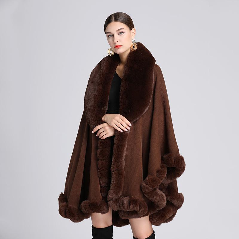 Eleganter V-Revers-Faux-Rex-Kaninchen-Pelz-Mantel-Umhang-Winter-Frauen-großer langer Schal-voller Trim-Pelz-Strickmantel-Mantel-großer Parka One size kaffeebraun