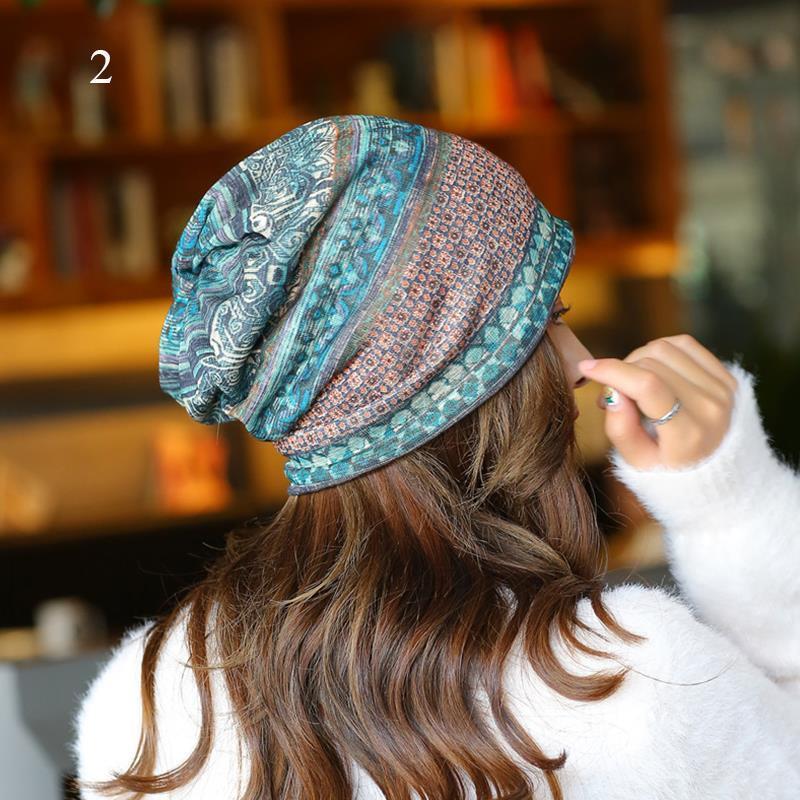 Vintage Beanie Mützen für Damen, Frühling und Sommer, dünne Pullovermütze, atmungsaktive Turbanmütze mit Blumendruck, warme Ohrenmütze