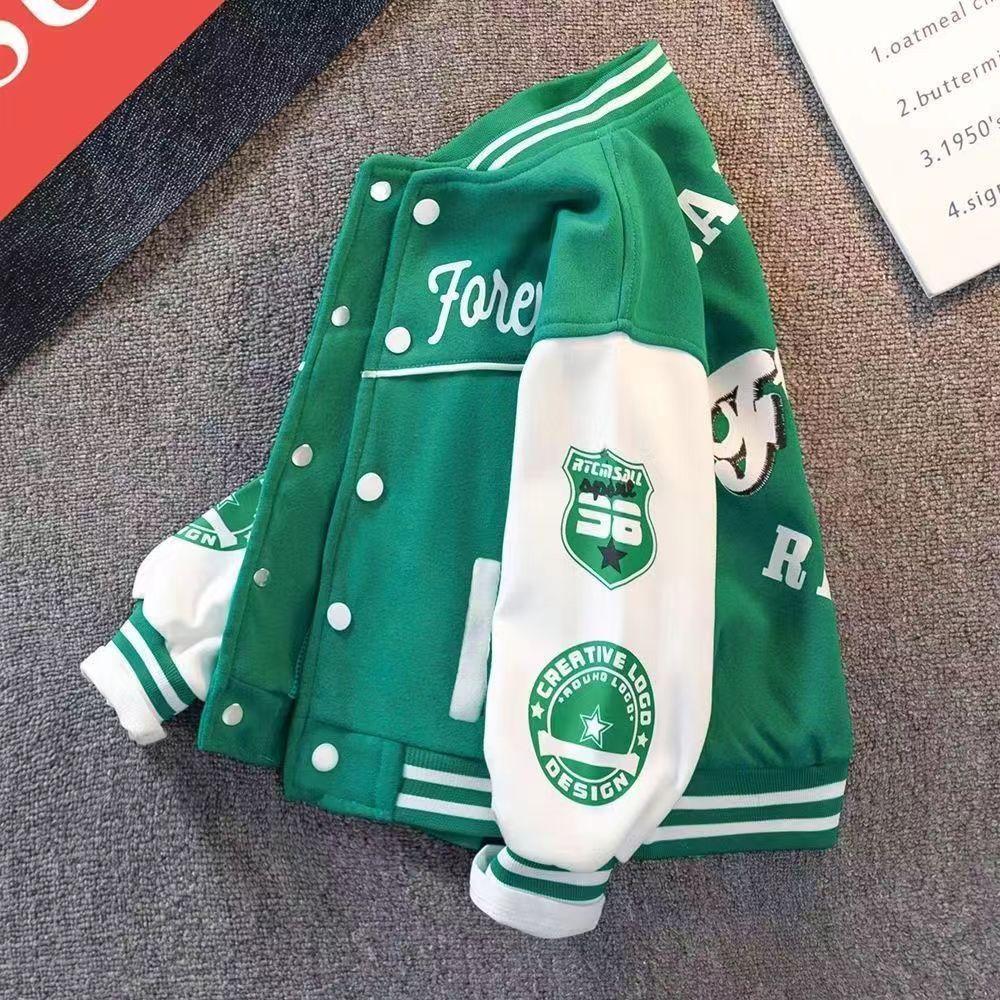 Mode Jungen Bomberjacke Kinder Frühling Herbst Brief Drucken Oberbekleidung Kinder Streetwear Varsity Baseballuniform Mäntel Grün Schwarz 110cm grün