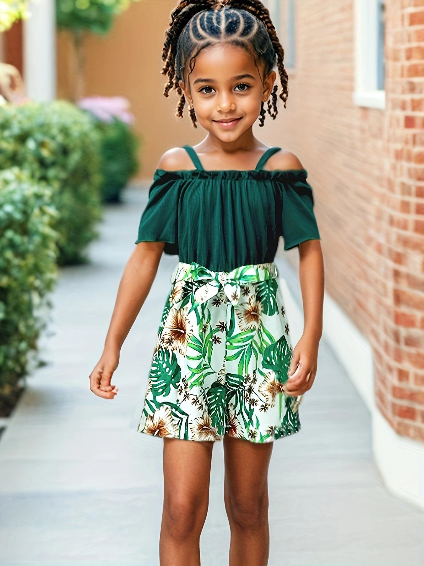 Mädchen Stilvoller Kombi-Jumpsuit mit floralem Print Sommer Kinder Süßer Jumpsuit 3-4Y hellgrüne