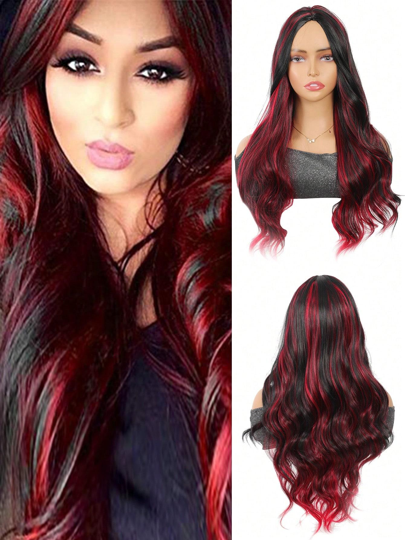 Synthetische lange gewellte lockige 28-Zoll-Ombre-Schwarz-Pink-Perücken für FRAUEN, Cosplay, Halloween, mit Pony, hitzebeständige Faser, Pony-Haar 28inch