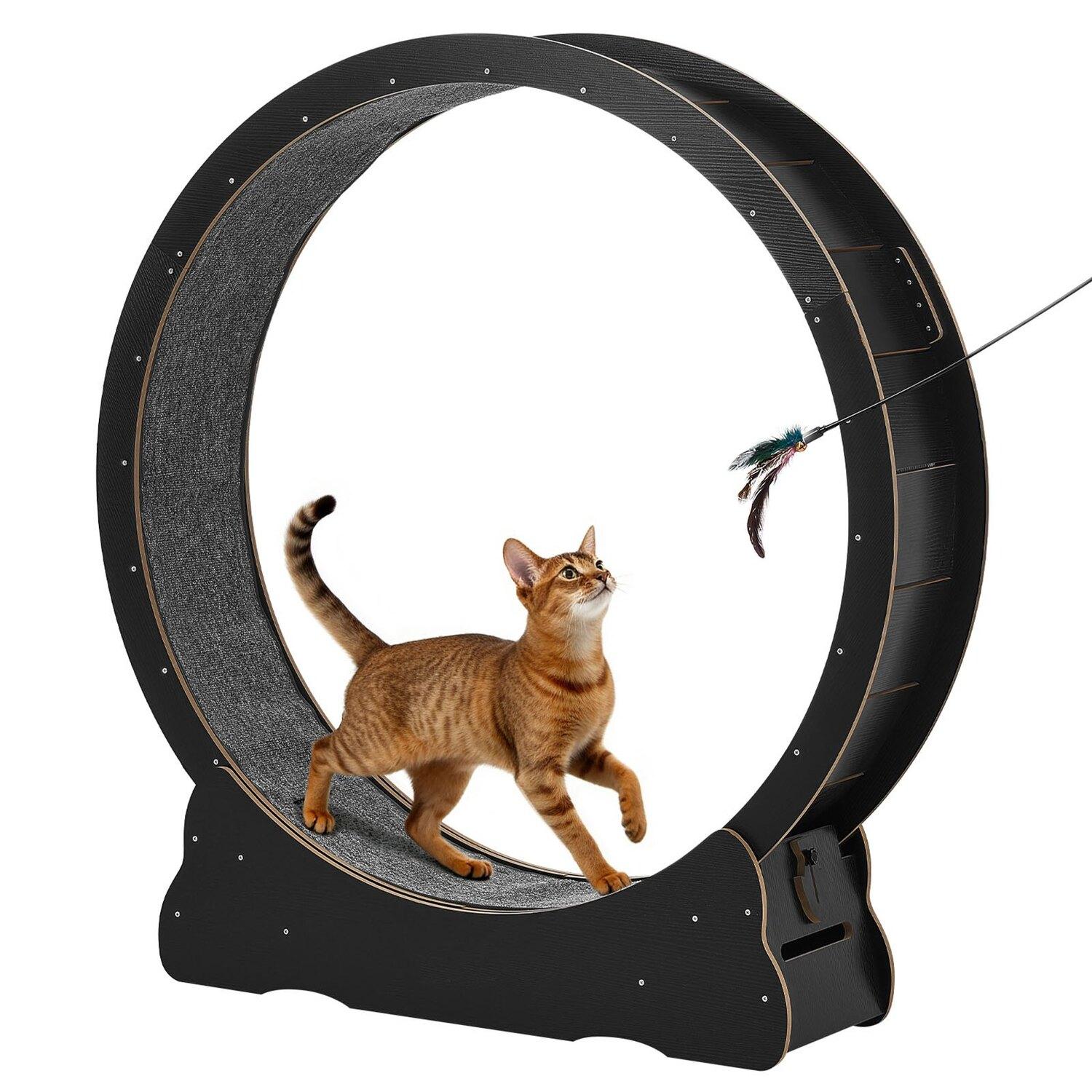 Katzen-Laufrad, 132cm Holzlaufrad für Wohnungskatzen bis 12,7kg, Laufband für Katzen mit Teppichbahn & Verriegelungsmechanismus, Leise Katze