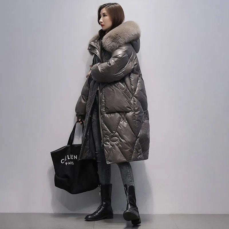 Winter Damen Übergröße Daunenjacke Mittel bis Lang Warme Jacken Mantel Langer Kapuzenparka Übermantel Damen Kalte Jacken XXL silber grau