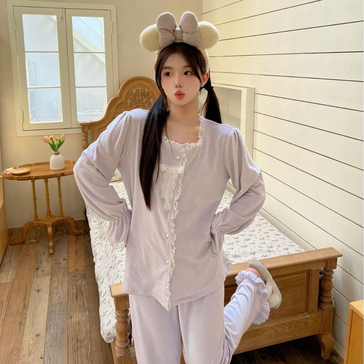 Pyjama-Set für den Winter, warme Heimkleidung, 2-teiliges Pyjama-Set im Prinzessinnen-Stil, sexy, süßes Spitzenoberteil, Hose, Pyjama XL violett