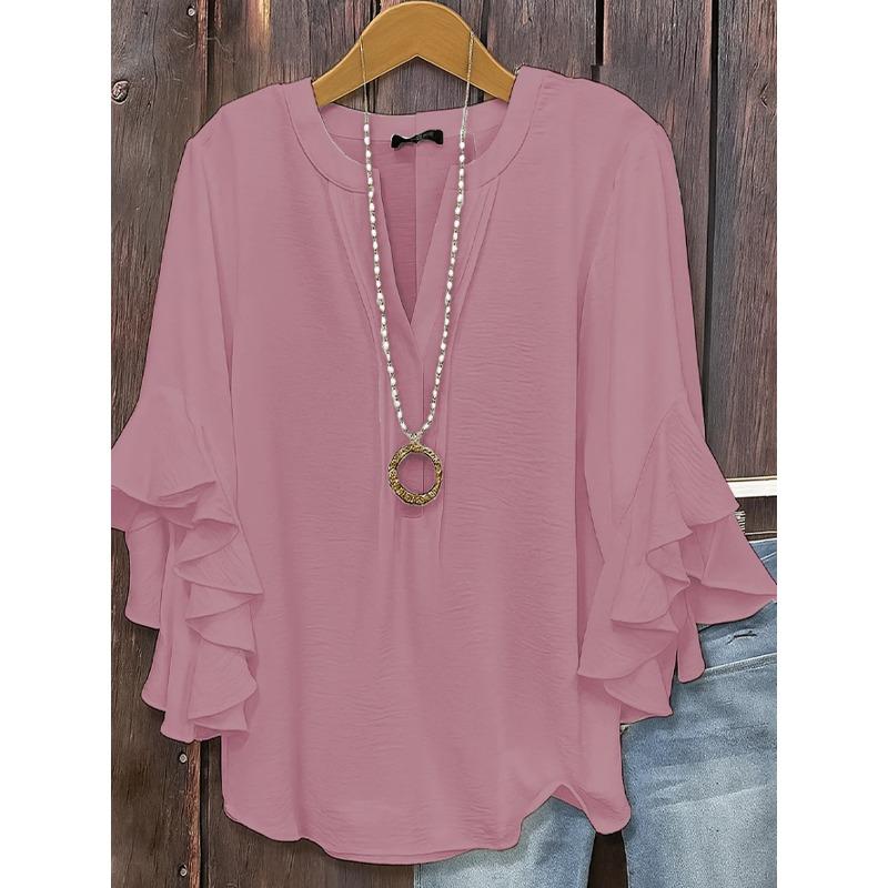 Damenmode, lässig, einfarbig, 3/4-Ärmel, V-Ausschnitt, Blusen und Hemden L rosa