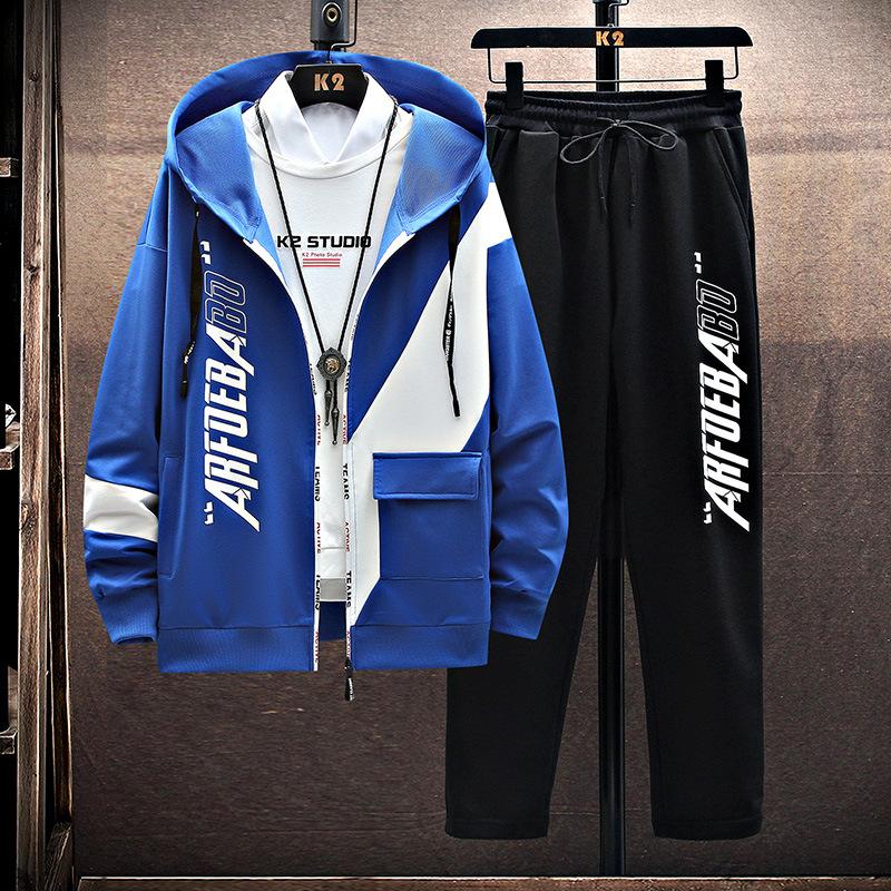 Frühling und Herbst Herrenmode Bedruckte Kapuzenjacke Freizeithose Zweiteiliges Set XL blau