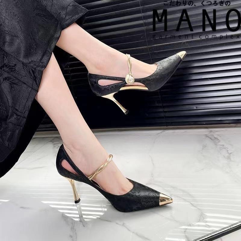Schuhe Damen Slipper Damen High Heels Mode Kleid Pumps Damen Perlenmuster Spitz Zehenbereich Dünne Absätze Ausgehöhlte Damen Sandalen 39 schwarz
