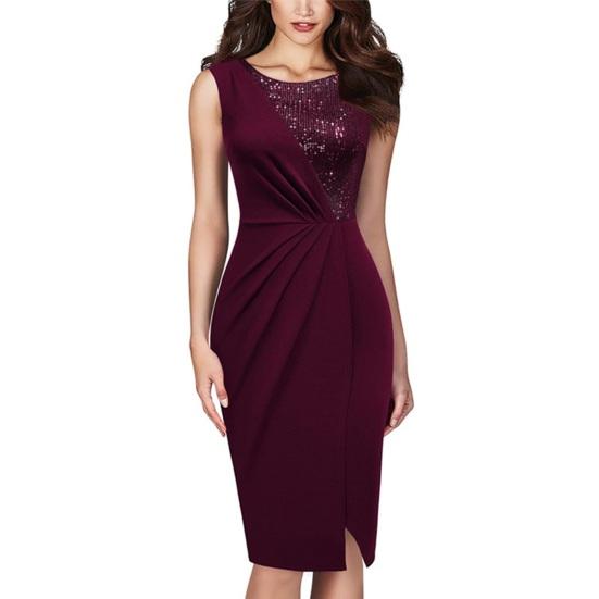 Damen Pailletten Bodycon Kleid Ärmellos Rundhals Midikleid Geteiltes Plissee Abendkleid für Cocktailparty S wein rot