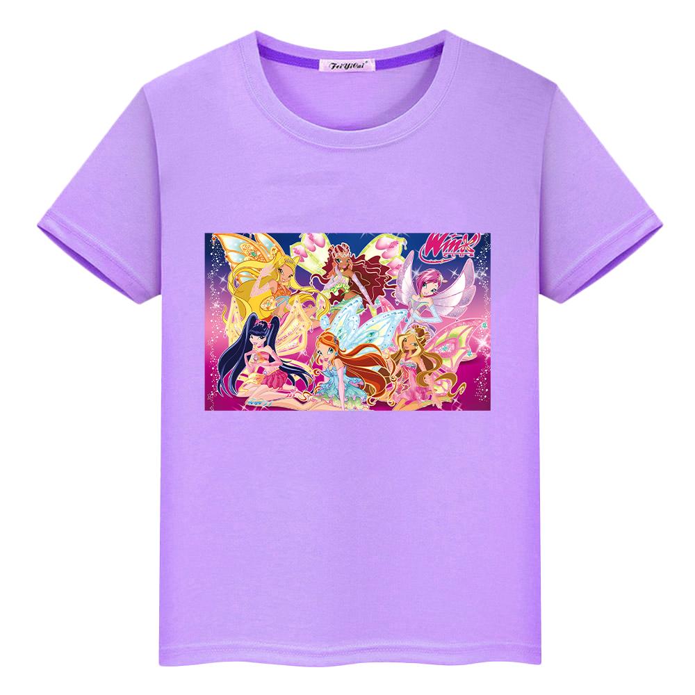 Winx Niedliche Tops T-Shirt für Kinder Jungen 10 Jahre Anime Kurz Winx Druck Cartoon 100% Baumwolle Pride T-Shirt Y2K Mädchen Kleidung Babykleidung 100 violett
