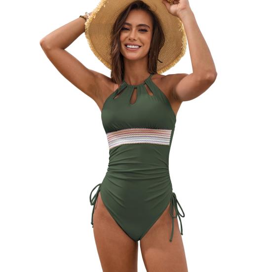 Yousheng Strand Monokini Cut-Out Patchwork Kontrastfarbe Neckholder Badeanzug Kordelzug Skinny Badeanzug Schnelltrocknend Poolside Surfen Bademode XXL armee grüne