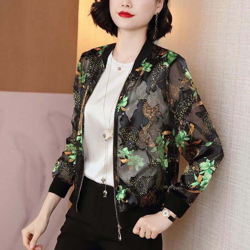 Damen Sommer Chiffon Bomberjacken Print Mäntel Femlae Langarm Loose Damen Print Atmungsaktiv Casual Zipper Cardigans Mäntel L