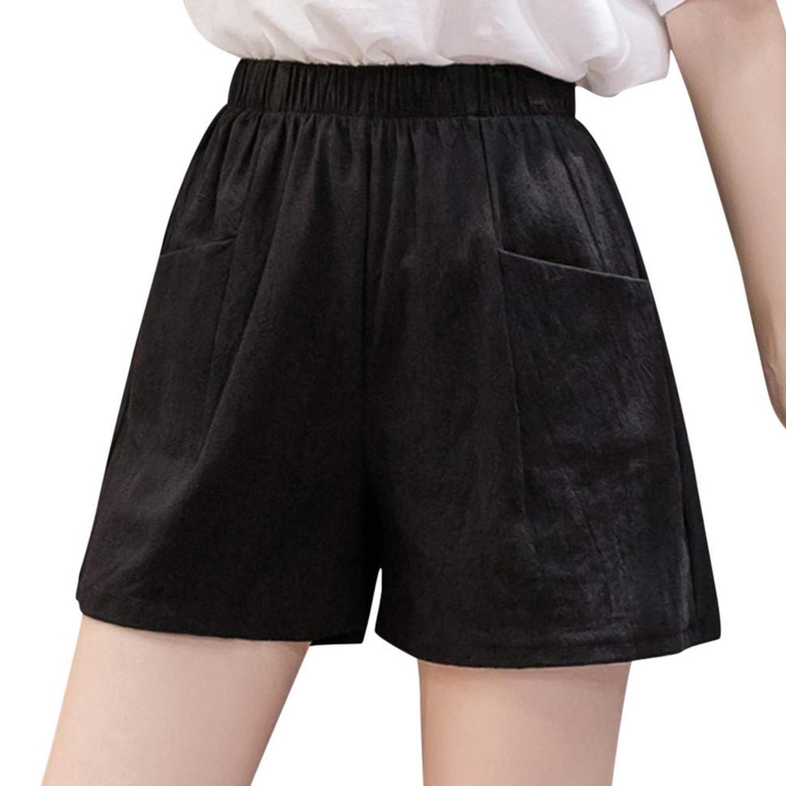 Damen-Shorts, hohe Taille, Kordelzug, knielange Shorts, elastische, bequeme Shorts mit Taschen S schwarz