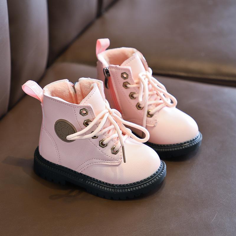 Winter Kinder Stiefel Jungen Mädchen Leder Martin Stiefel Plüsch Mode Wasserdicht Nicht-rutsch Warme Kinder Stiefel Schuhe 30 rosa
