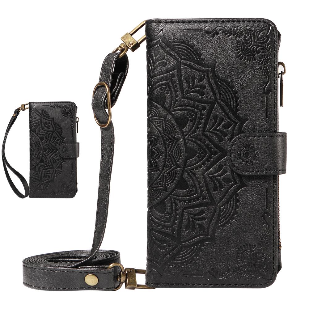 Mandala-geprägtes Leder-Portemonnaie Klapphülle für Samsung Galaxy S26 S25 S24 S23 S22 S21 S20 Ultra Plus FE Edge S10 S9 S8 S7 Galaxy S25+ schwarz