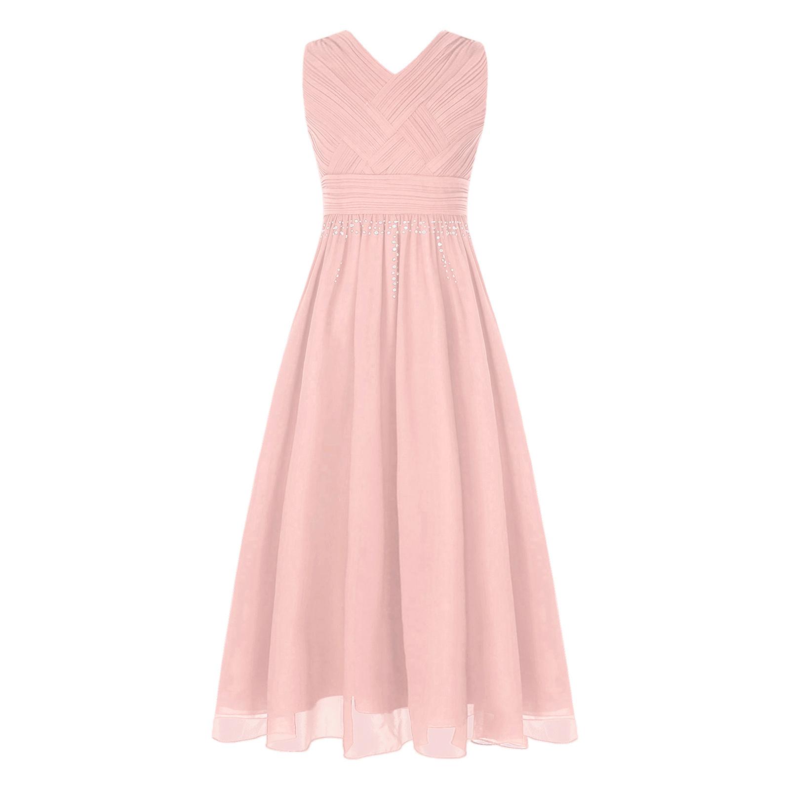 Glänzendes gerafftes verwobenes Chiffon-Kleid für Mädchen V-Ausschnitt ärmelloses Design Blumenmädchen langes Kleid Hochzeitsfeier Kleid 11-12 Years rosa