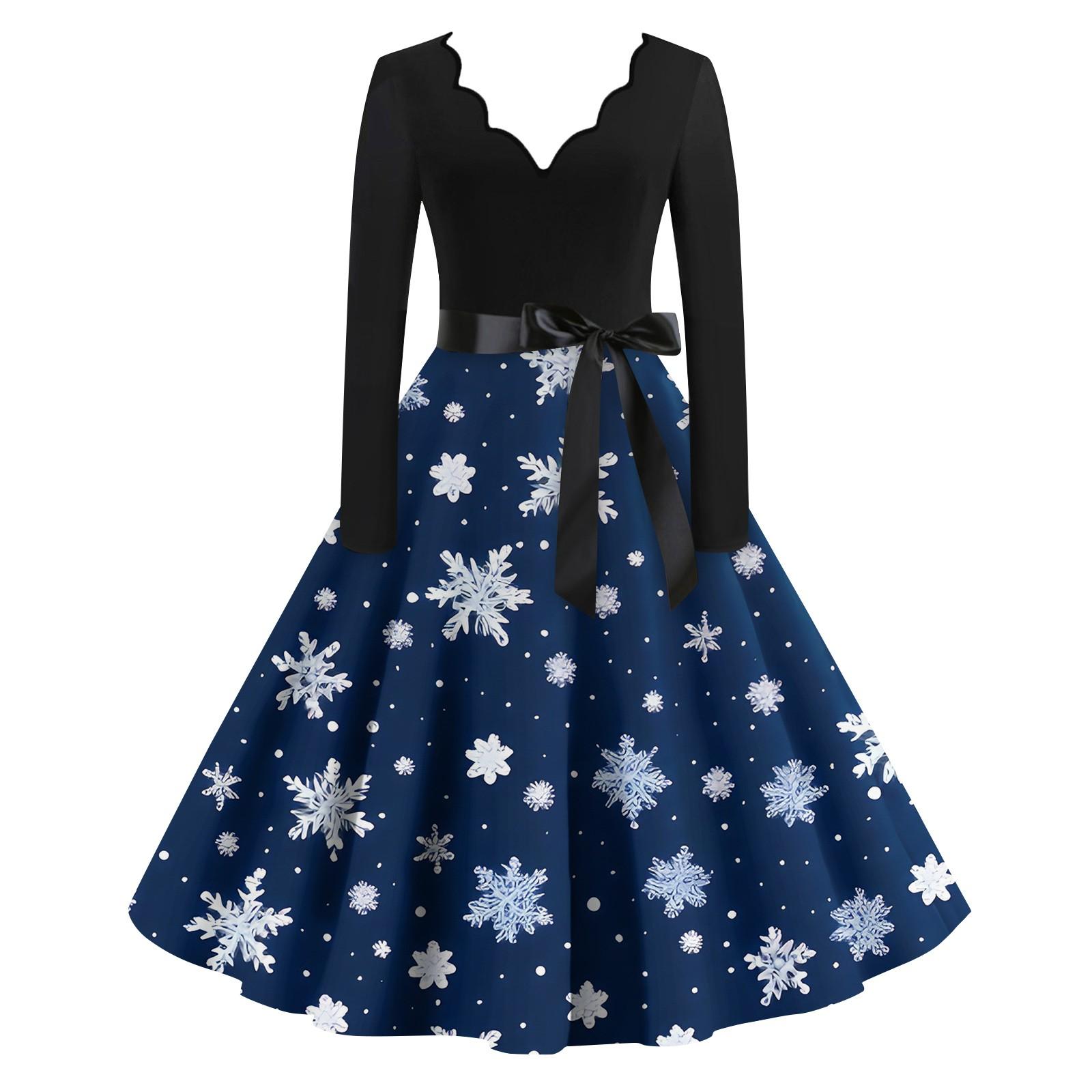 Damen Casual Fashion Langarm Weihnachten Grafik Bedruckte Vintage Lange Kleider M blau