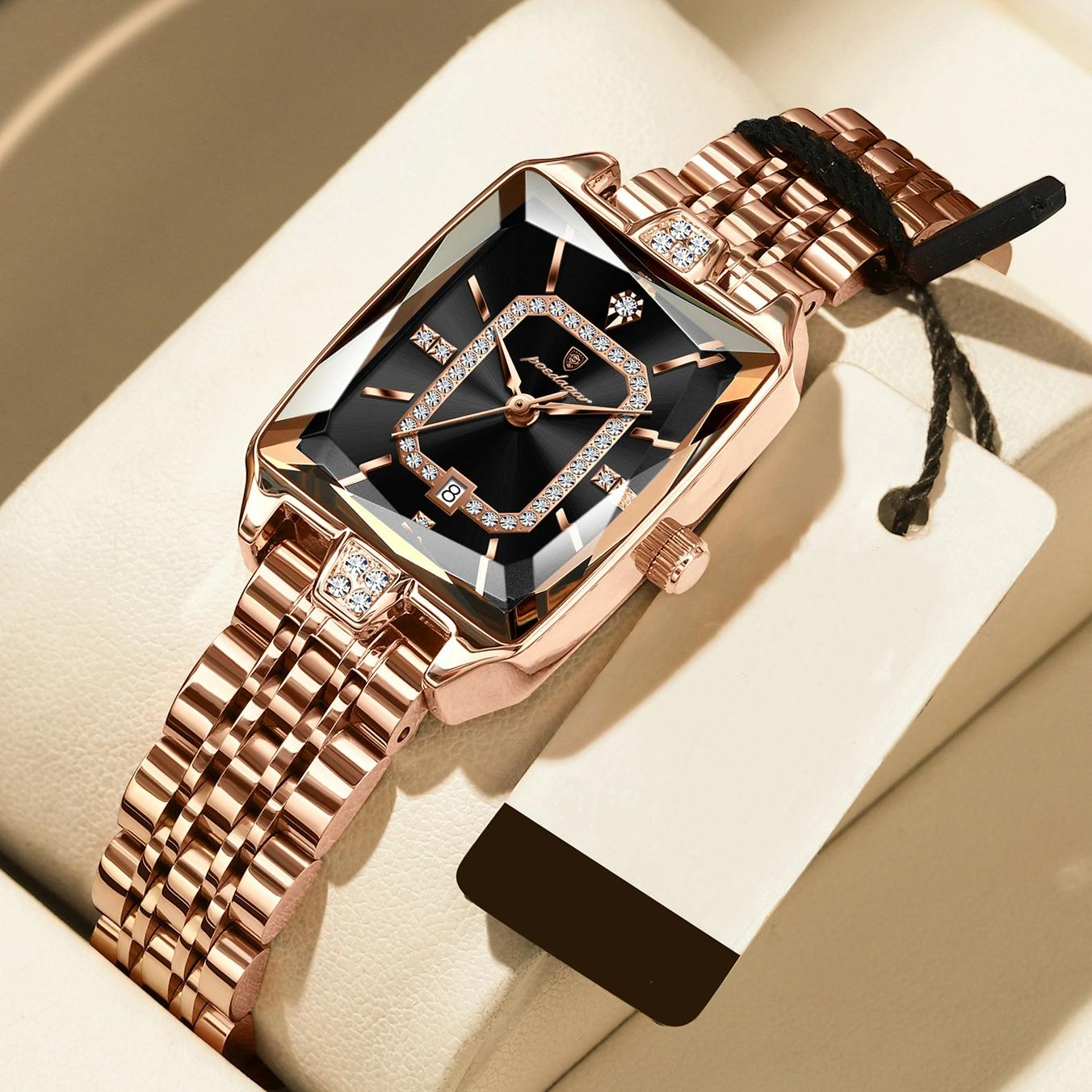 POEDAGAR Luxuriöse Elegante Uhr für Damen Datum Wasserdicht Rechteck Damenuhr Edelstahl Quarz Damenuhren rose gold/schwarz