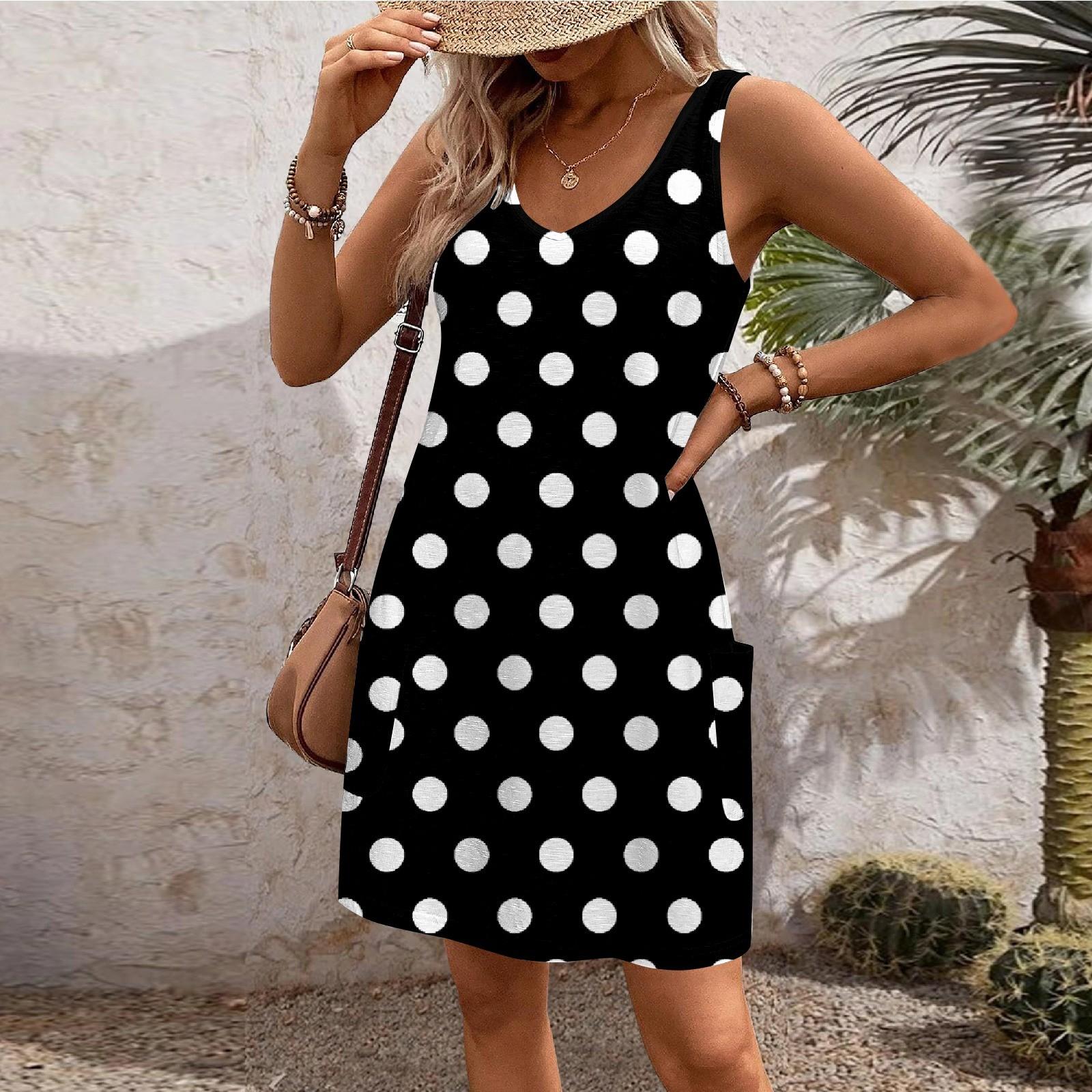Lässiges Sommerkleid für Damen mit Taschen, Sommer-Boho-Strandkleid, Blumenblusen für Damen, T-Shirts, Kleid mit V-Ausschnitt, lockere Tank-Kleider XXL schwarz