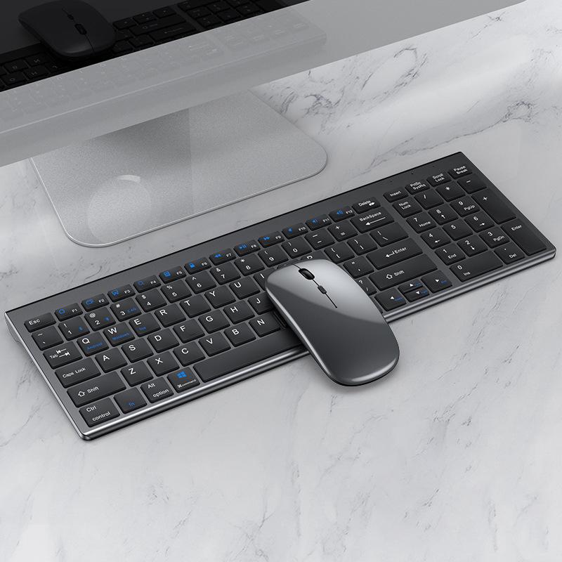 Bluetooth-Tastatur, drei Modi, kabellose Tastatur und Maus in voller Größe, wiederaufladbares Tastatur-Set für mehrere Geräte English graue