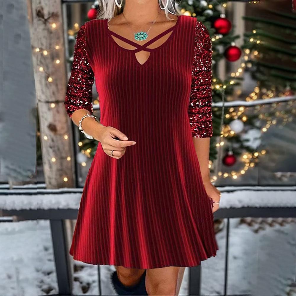Frühling und Herbst Damen Kleid Mode Volltonfarbe V-Ausschnitt Langarm Perlen Casual Kleider XL rot