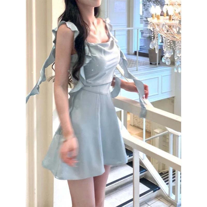 Elegante Party Mini Fleck Kleid Frauen Ärmellose Fee Strap Kleid Büro Dame Vintage Einteiliges Kleid Koreanische 2024 Sommer M blau
