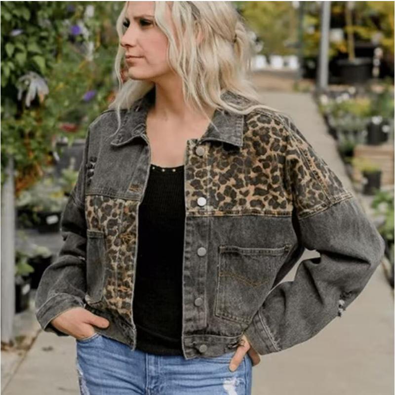 GMXIA Herbst Winter Jeansjacke Damen Langarm Jeansjacke Damen Leopardenmuster Patchwork L grau