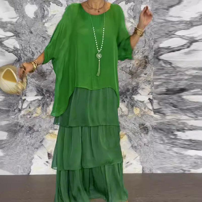 Sommer Damen Kleid Chiffon Mesh Fledermaus Ärmel Rundhals Lange Kleider 2XL grün