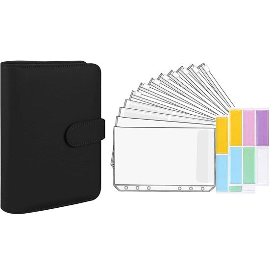 1 Set Budgetplaner Handbuch, transparente Taschen, wasserdichtes Kunstleder, Quittungscoupon, Bargeldumschlag, Bindemittel, Bürobedarf schwarz