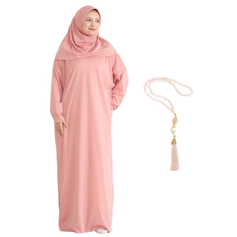 Frauen Gebetskleidung mit Hijab Muslimische Outfits Lange Robe Abaya Türkische Islamische Kleider Dubai Kaftan mit Rosenkranz baby rosa