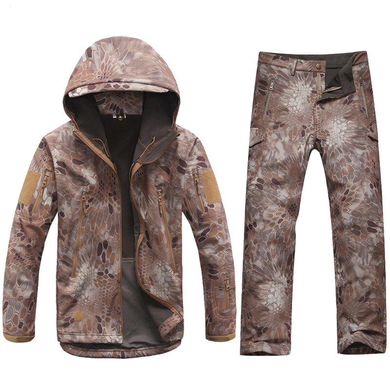 Wasserdichte Soft Shell Taktische Jacke Set Männer Warme Outdoor Armee Camouflate Kleidung Set Militär Mit Kapuze Jagd Fleece Mantel Kleidung Anzug XXL khaki beige
