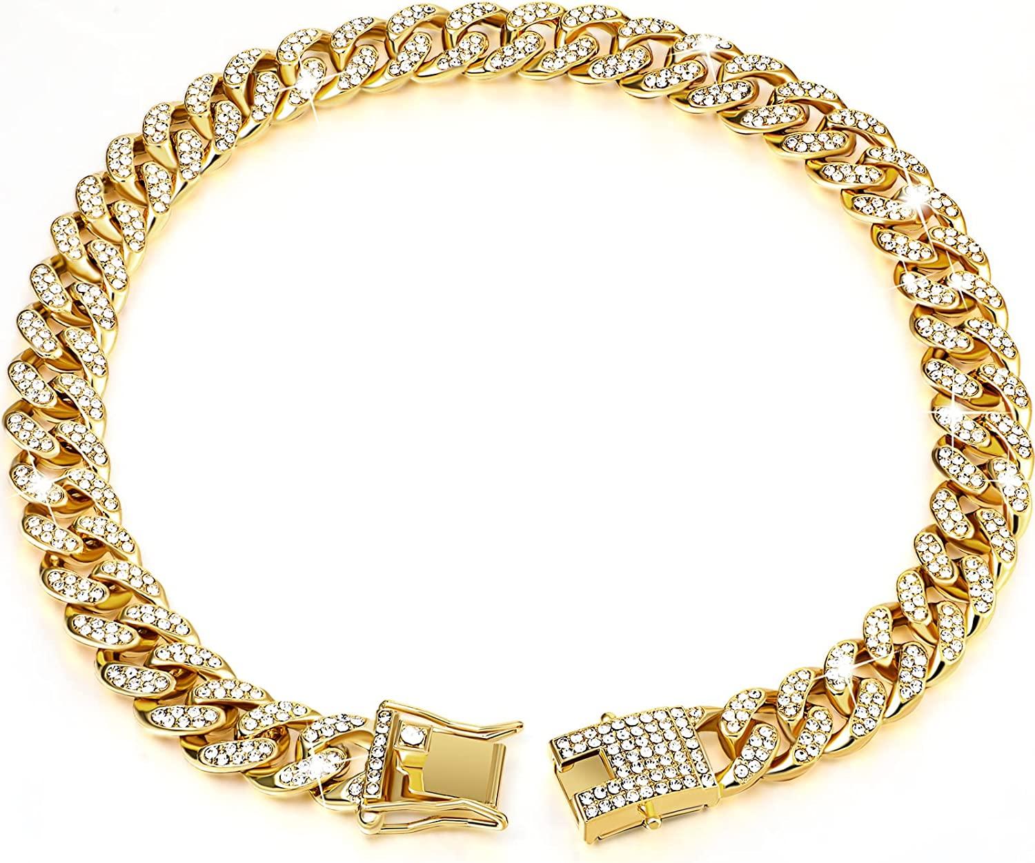 Luxus kubanische Kette Katzenhalskette Goldene Kette Halsband für Katzen, Kätzchen Welpen Luxus Strasssteine Schmuck Hochzeit Abschlussball Zubehör 9.8inch 25cm gold