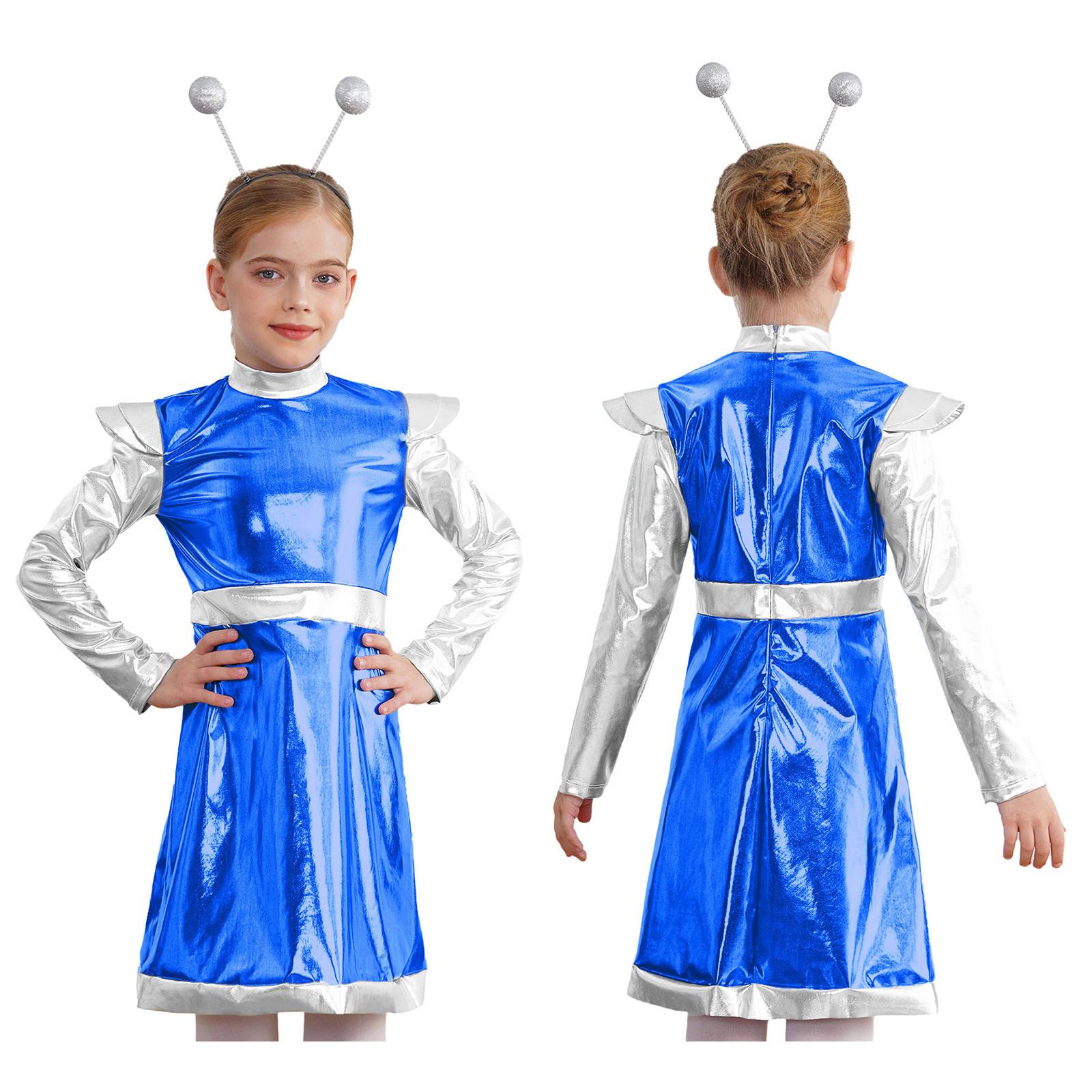 Alien Cosplay Kostüm für kleine Mädchen, Weltraum-Süßes Kostüm, metallisches Kleid mit Haarreif, Astronauten-Halloween-Party-Outfit 9-10 Years königsblau