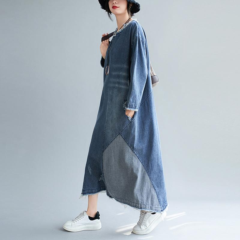 DIMANAF Plus Größe Frauen 2023 Neue Frühling Kleid Denim Langarm Kleid Elegante Lange Kleid Lose Kleid Blau Grundlegende Kleider 2XL blau