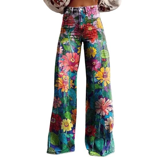 Yousheng Damen Retro-Hose, hohe Taille, Knopfleiste, Reißverschluss, Taschen, lange Hose, digitaler Blumendruck, Freizeithose, Distressed, gerade Hose mit weitem Bein 3XL