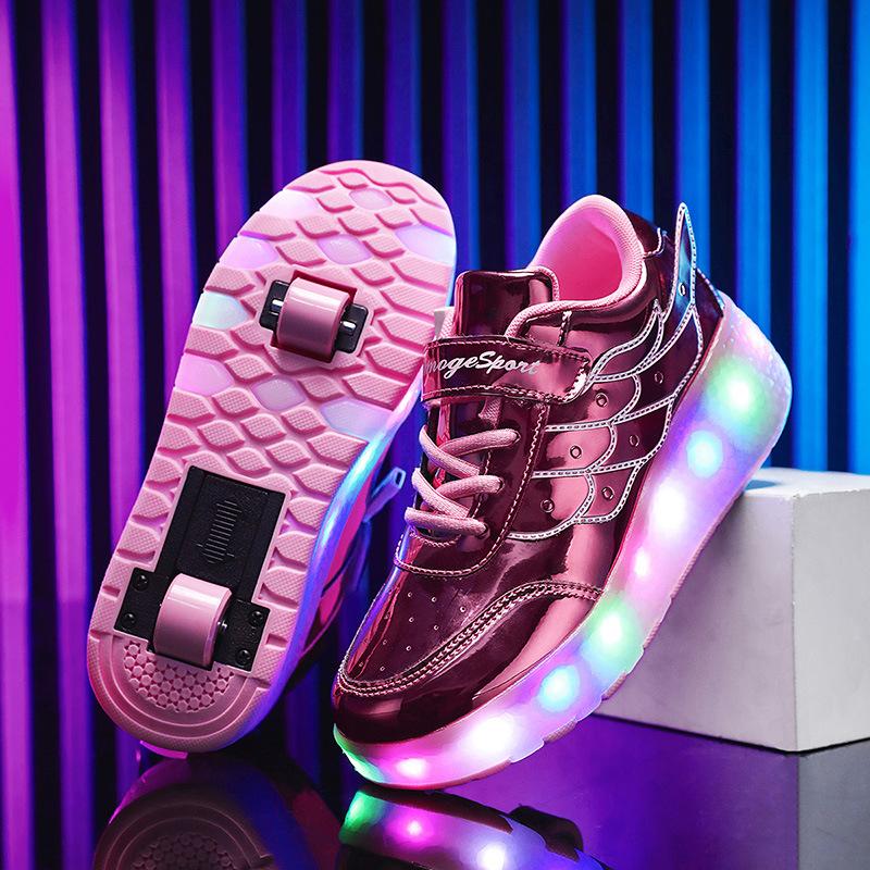 Kinder Ausreißschuhe Teenager Rollschuhe Doppelrad Ladeleucht-Skates Fliegende Riemenscheibe Sportradschuhe 33