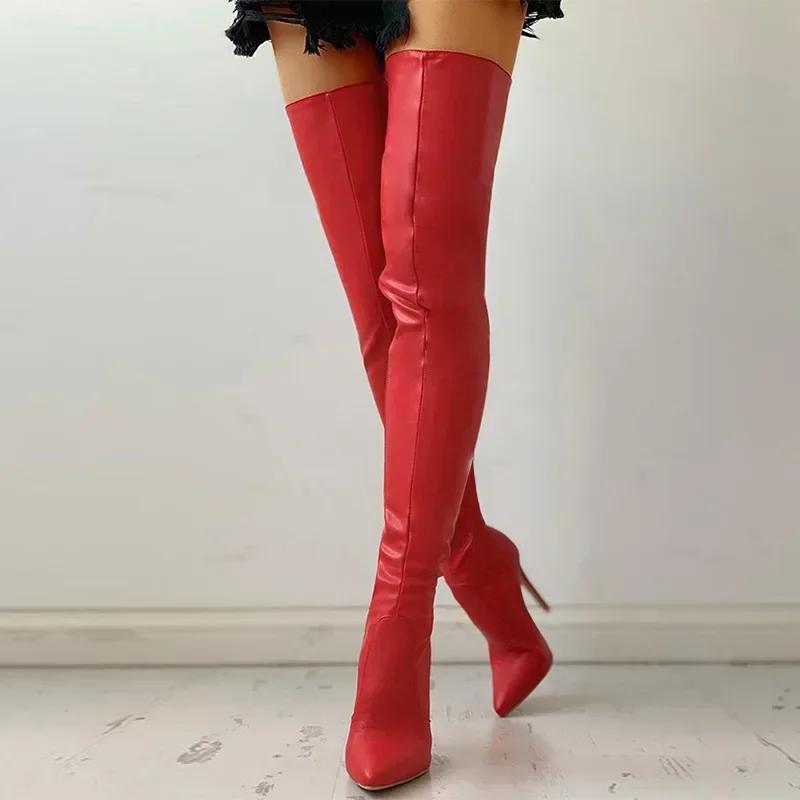 Mode Sexy Stiletto Ultra Extrem Hohe Absätze Abend Club Party Oberschenkelstiefel Damen Schlankes Bein Stretch Overknees Stiefel Schuhe 46 43 rot