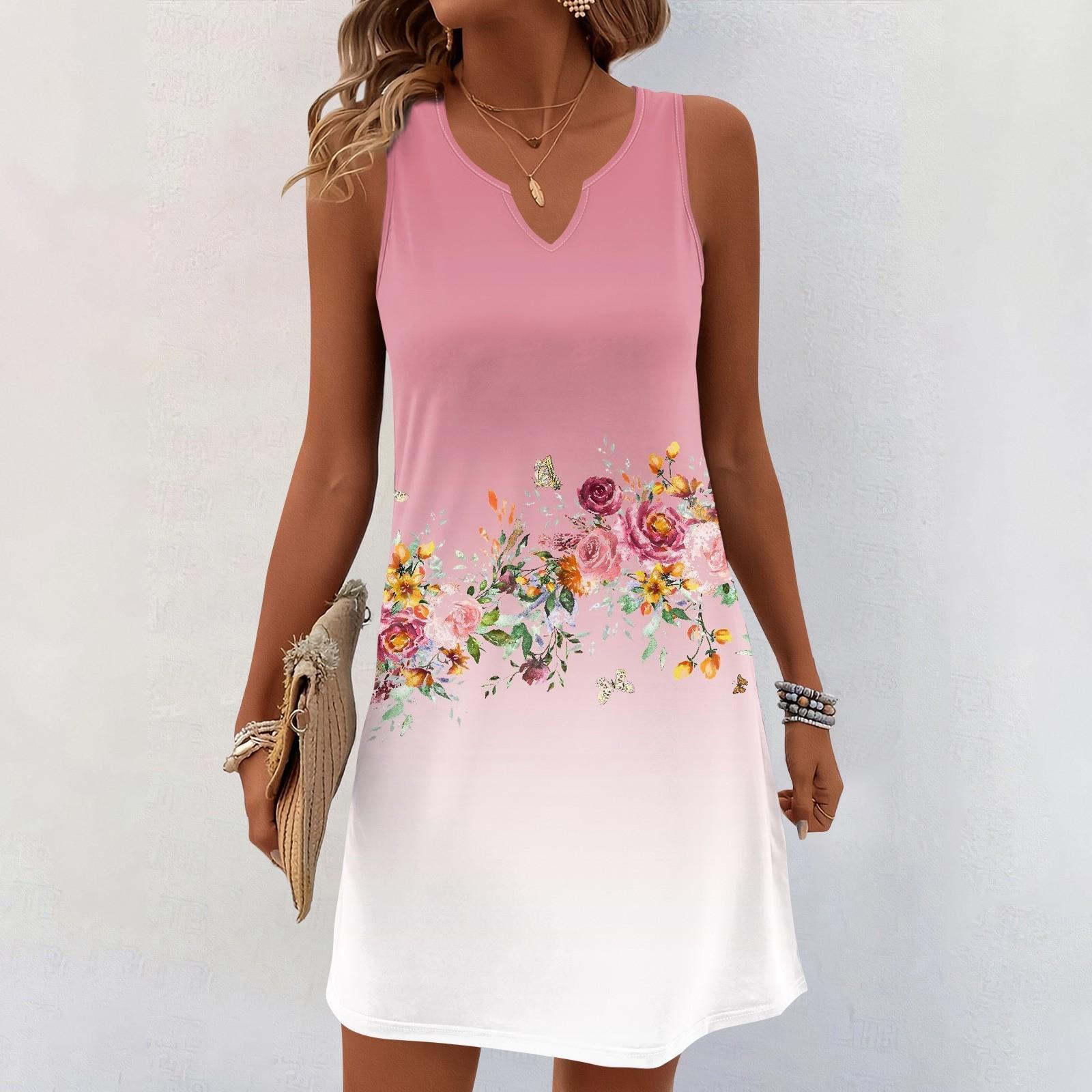 Damen Sommerkleider V-Ausschnitt Print Ärmelloses Sommerkleid Freizeitkleid L hellrosa