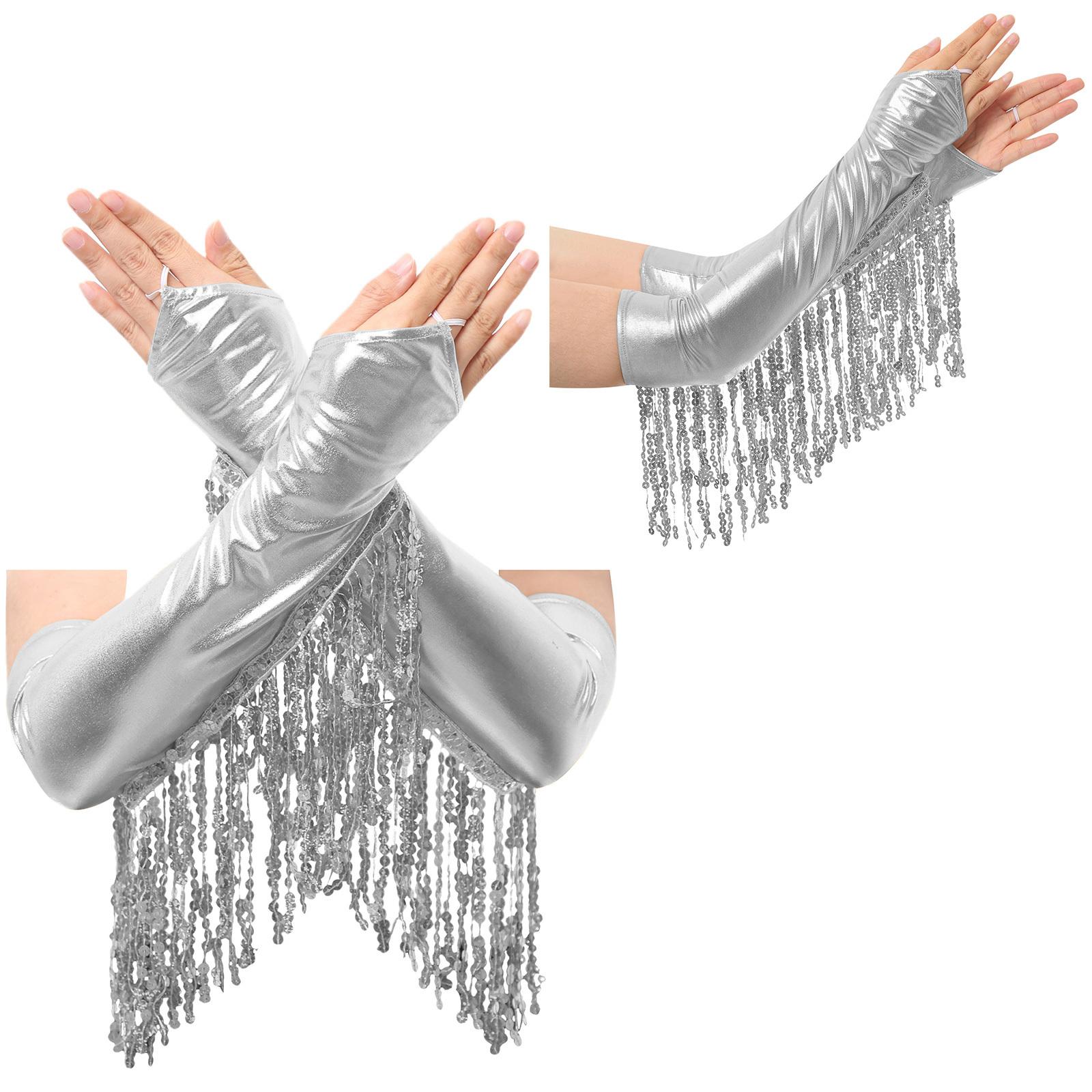 Opern- & Cosplay-Handschuhe für Erwachsene: Metallisch glänzende Ellbogenlänge mit Pailletten & Quasten, Lange fingerlose Performance-Handschuhe One Size